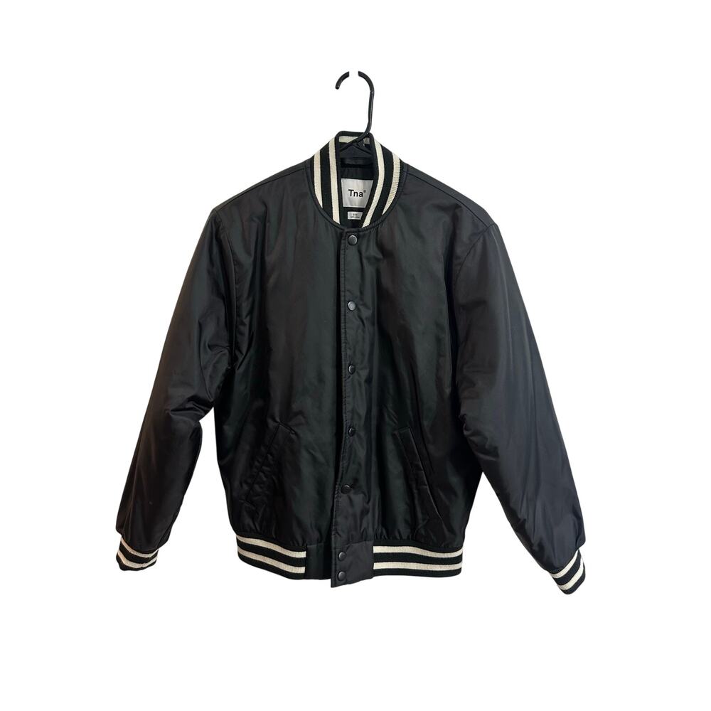 Aritzia TNA Varsity Bomber Jacket Black White Sz XXS Oversized Athletic Great!
